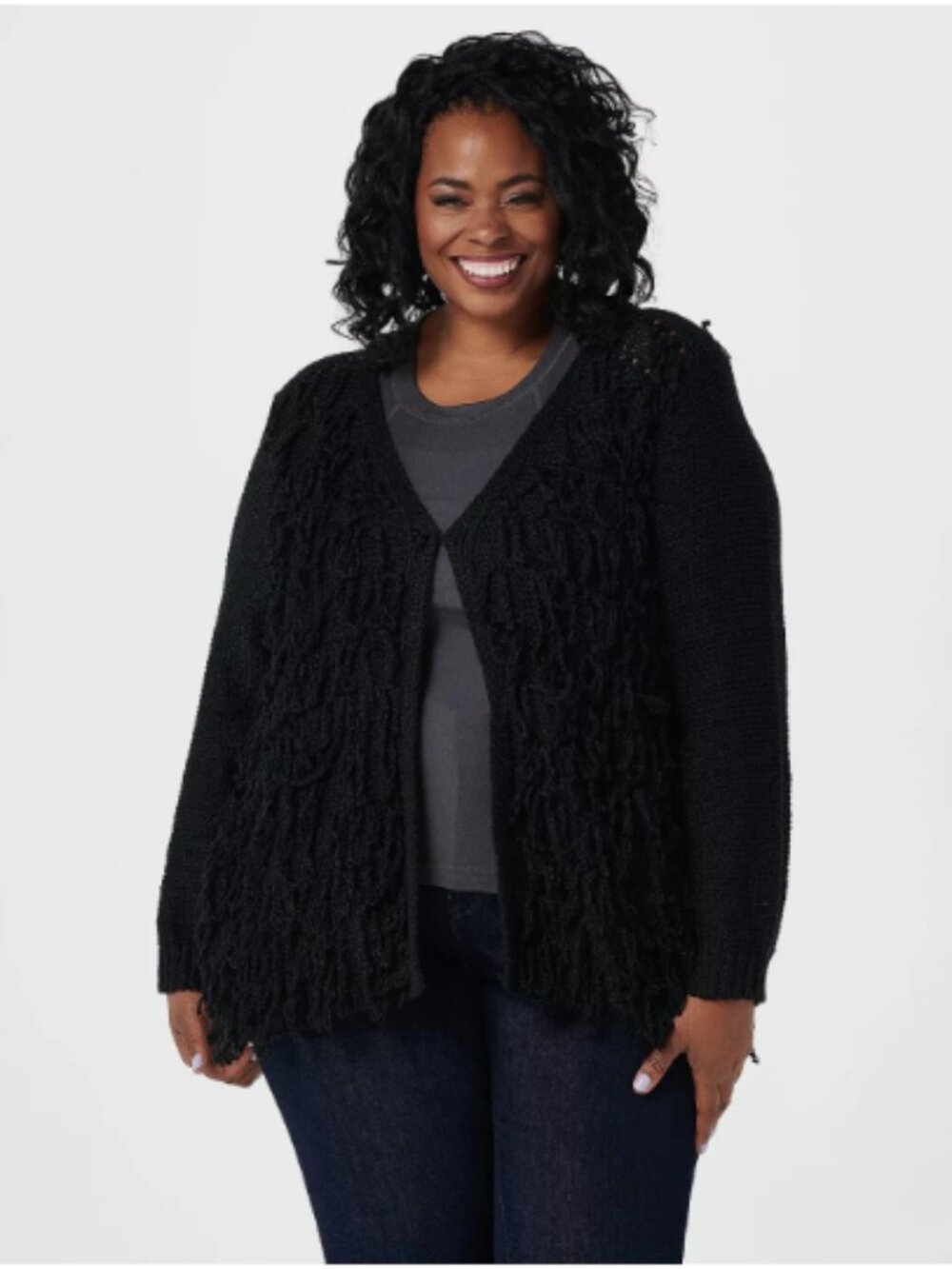 LOGO by Lori Goldstein Jersey Knit Cardigan w/ Loops-Black-Large-NEW-A389752